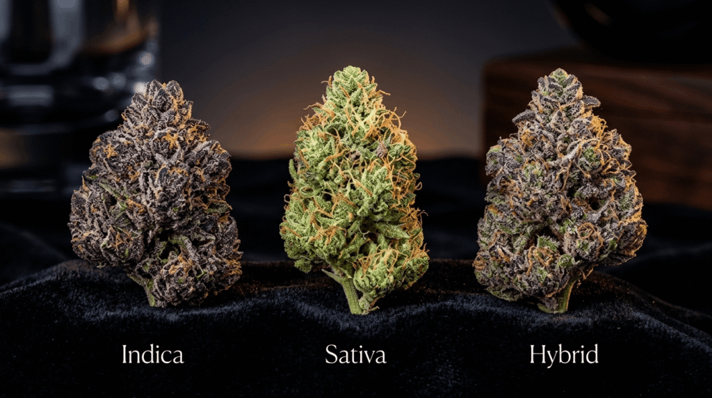 Three cannabis buds side by side showing indica, sativa, and hybrid strain differences on dark background