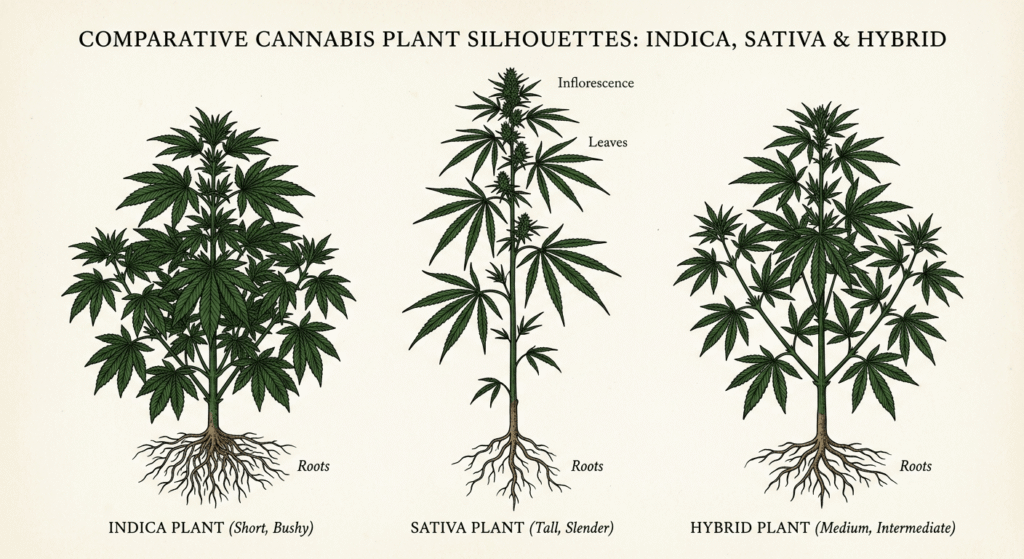 Botanical diagram comparing indica, sativa, and hybrid cannabis plant structures showing differences in height, leaf shape, and bush density