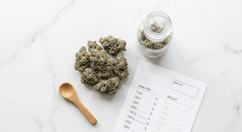 Raw THCa hemp flower buds displayed on white marble beside a lab results certificate and glass storage jar