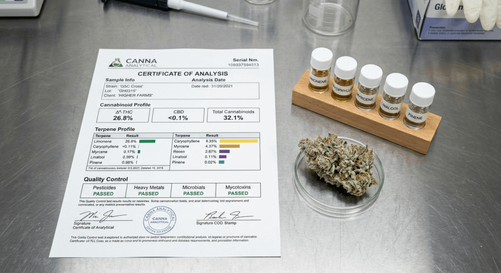 Certificate of Analysis lab document laid flat next to a fresh cannabis bud and labeled terpene vials on a stainless steel lab table