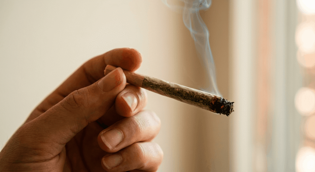 Hand holding a lit hemp flower joint with a thin wisp of smoke rising, illustrating THCa decarboxylation through smoking
