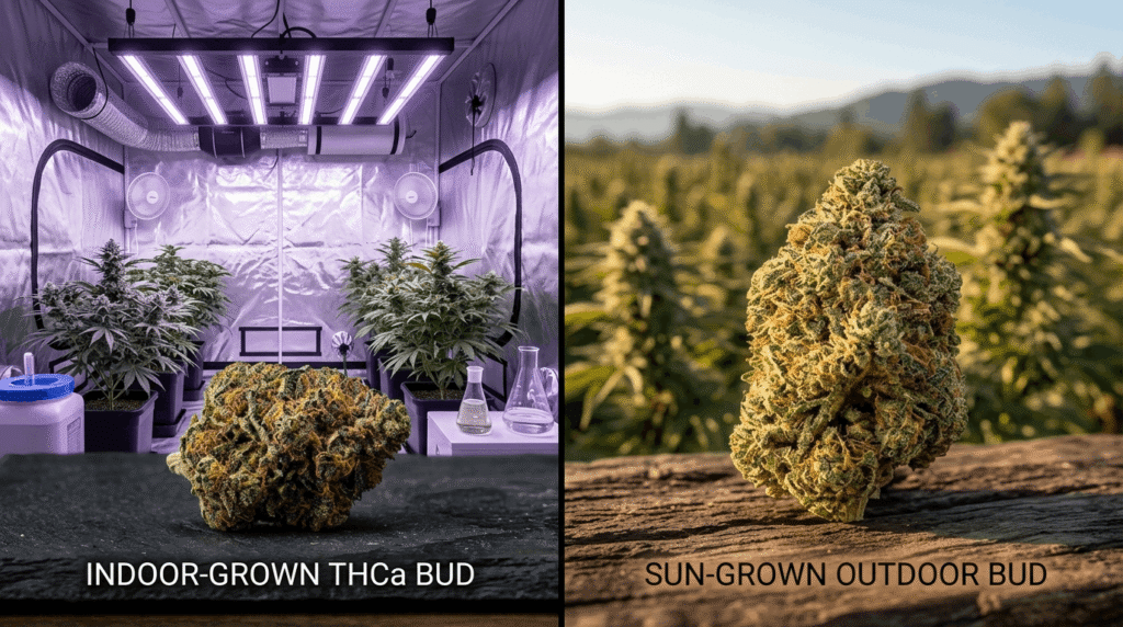 Split image comparing dense frosty indoor THCa flower under LED lights versus sun-grown outdoor THCa bud