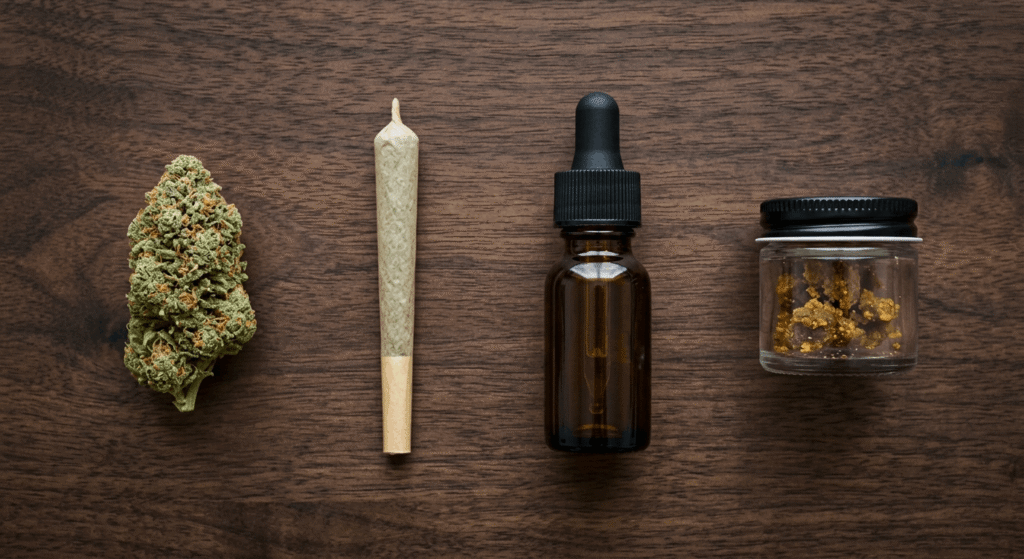 Various indica THCa product formats including flower bud, pre-roll, tincture bottle, and concentrate jar displayed on dark wood surface