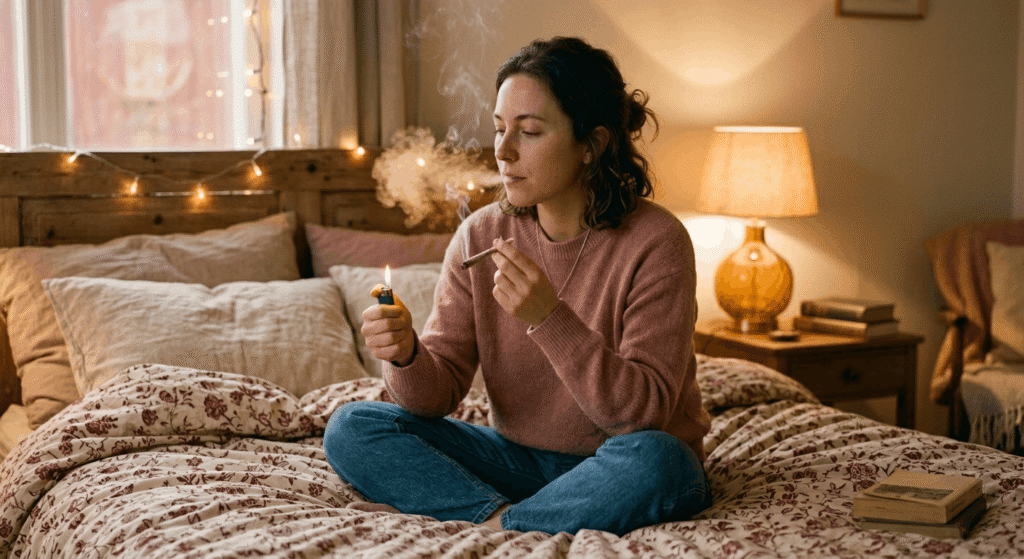 A woman sitting cross-legged on a bed holding a lit lighter and a smoking joint, soft warm ambient light with smoke rising gently.