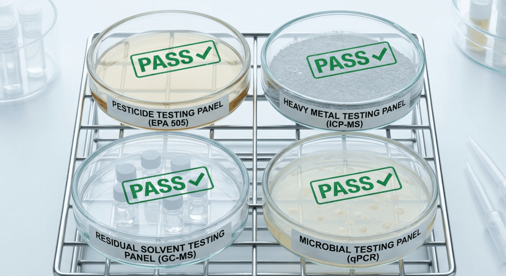Four contaminant test panels for THCA flower showing pass results for pesticides, heavy metals, solvents, and microbials