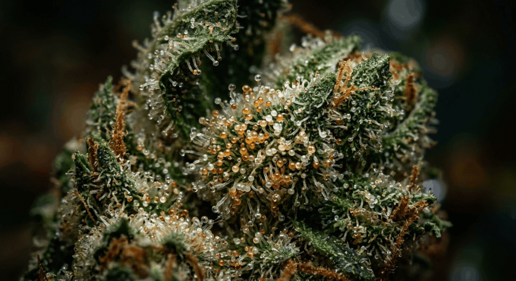 Macro close-up of THCa cannabis flower trichomes where cannabinoids like THCA and terpenes such as myrcene and limonene are stored