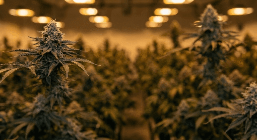 Grower holding a dense exotic indoor THCa flower bud under warm LED grow lights inside a Colorado small-batch cannabis grow room