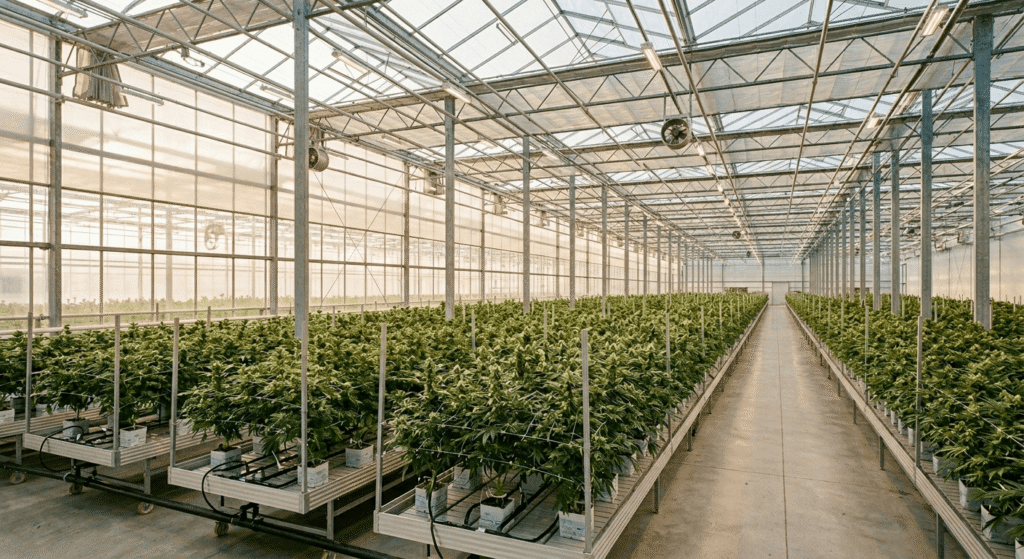 Greenhouse THCa hemp plants growing in rows under filtered sunlight and controlled conditions