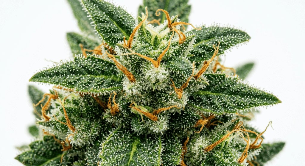  Close-up of high-quality THCa hemp flower showing trichomes, vivid color, and orange pistil hairs