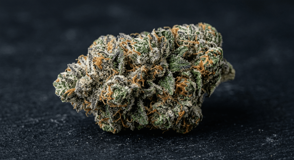 Dense top shelf THCa flower bud covered in white trichomes with purple and green hues on a dark background