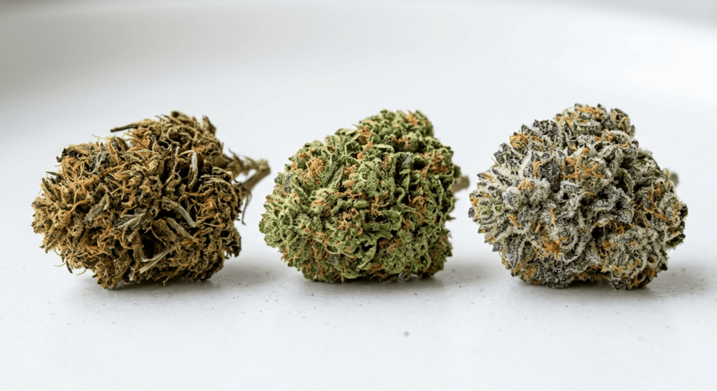 Side-by-side comparison of outdoor, greenhouse, and premium indoor THCa hemp flower buds