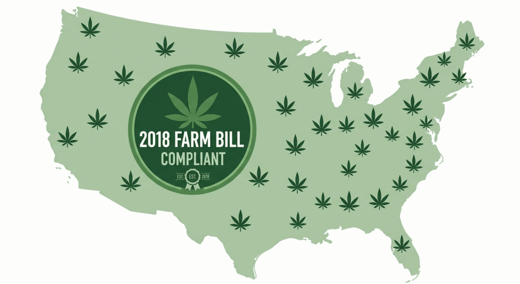 U.S. map showing Farm Bill compliant THCA hemp flower shipping states with 2018 hemp compliance badge