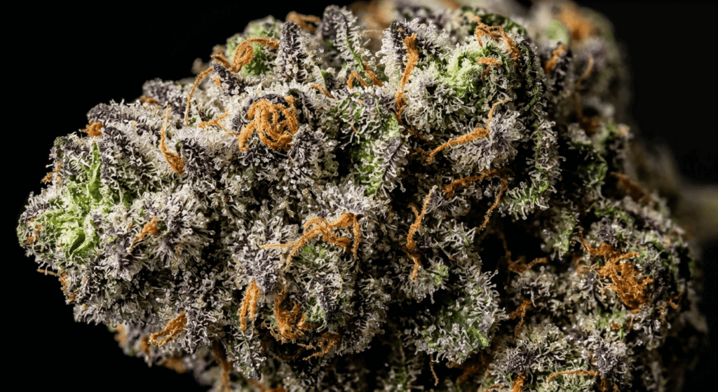 Extreme close-up of a hand-trimmed premium THCa flower bud with frosty trichomes, orange pistils, and vivid purple-green color