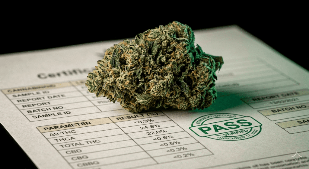 Dense trichome-covered THCA flower bud resting on a Certificate of Analysis lab report with dark luxury background