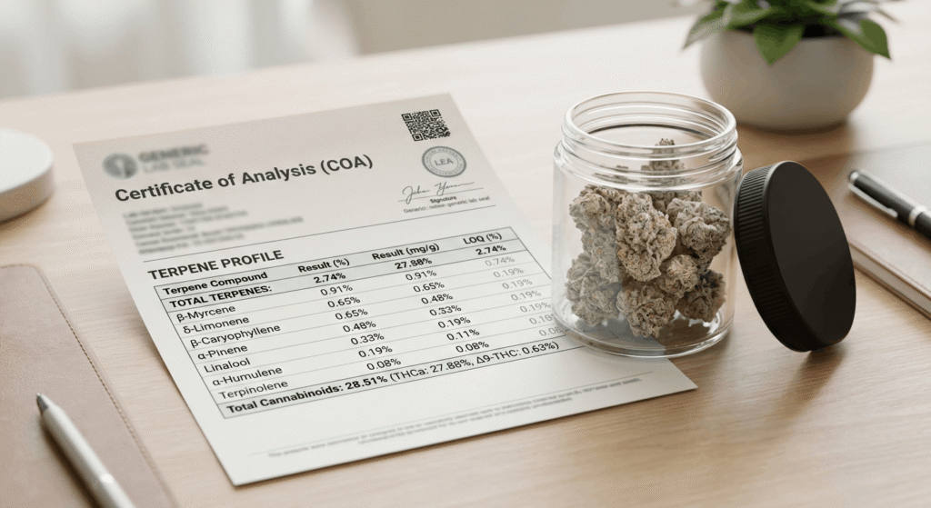 Cannabis Certificate of Analysis COA lab report showing terpene profile percentages alongside a jar of premium THCa flower
