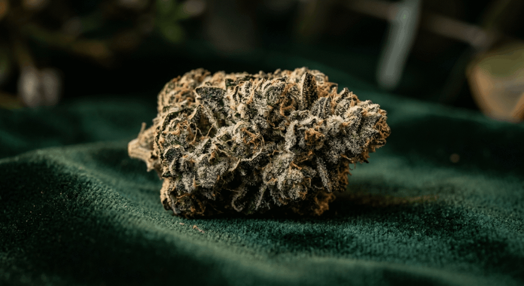 Close-up of a premium THCa hemp flower bud with frosty white trichomes under warm amber lighting on a dark green velvet surface