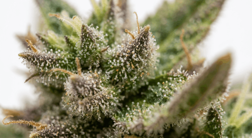 Close-up of raw THCA-rich cannabis flower trichomes under natural light