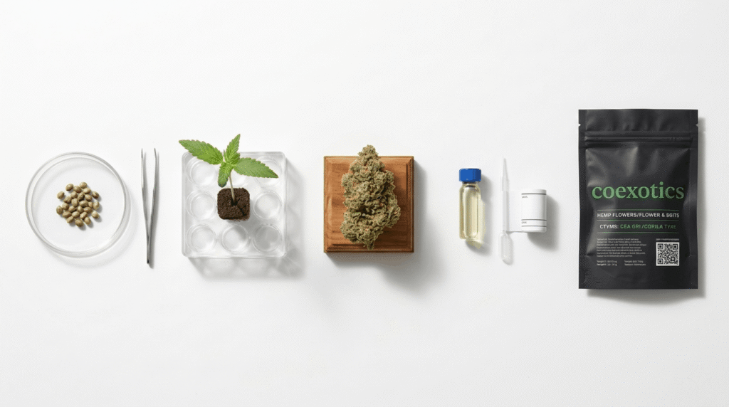 Illustrated flat-lay of the hemp seed-to-sale supply chain showing seeds, flowering plant, harvested buds, lab vials, and final packaged hemp product in sequence