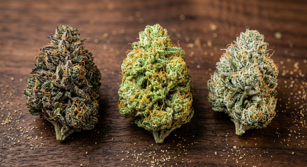 Three exotic THCA hemp flower varieties with rare genetics showing purple, green, and frosty white trichome-rich buds side by side