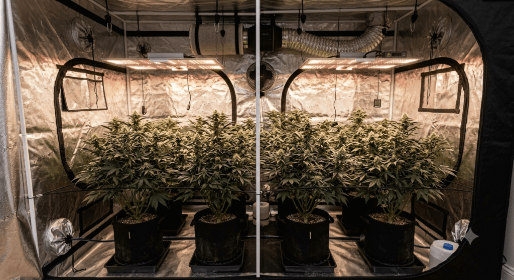 Gelato cannabis plants growing indoors under LED lights in a controlled cultivation environment