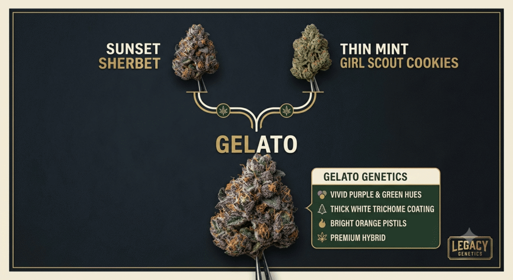 Gelato strain genetics lineage chart showing Sunset Sherbet and Thin Mint GSC parent strains