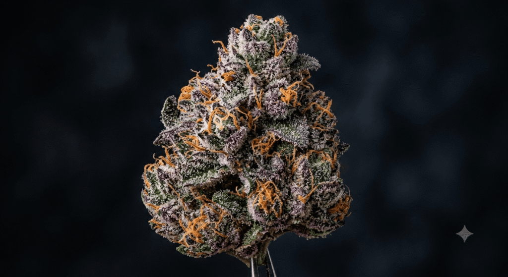 Gelato strain cannabis bud with purple hues and dense white trichomes — Gelato genetics flower