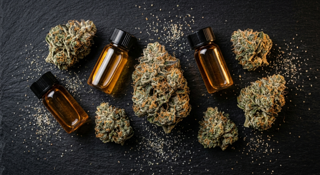 Raw THCA hemp flower buds and cannabinoid extract vials on black surface representing decarboxylation and trichome science