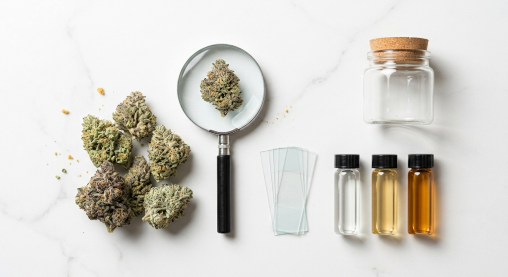 THCA hemp flower buds beside lab testing vials and magnifying glass on white marble — representing third-party COA transparency