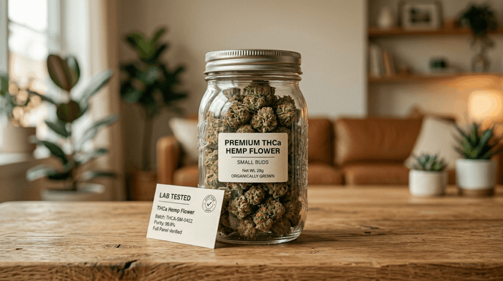 Premium THCa small buds stored in an airtight glass mason jar on a wooden surface next to a hemp compliance certificate, showing proper cannabis flower storage