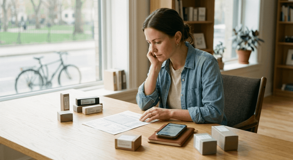 Hemp brand owner reviewing cannabis tariff costs and supply chain documents at a bright workspace in 2026