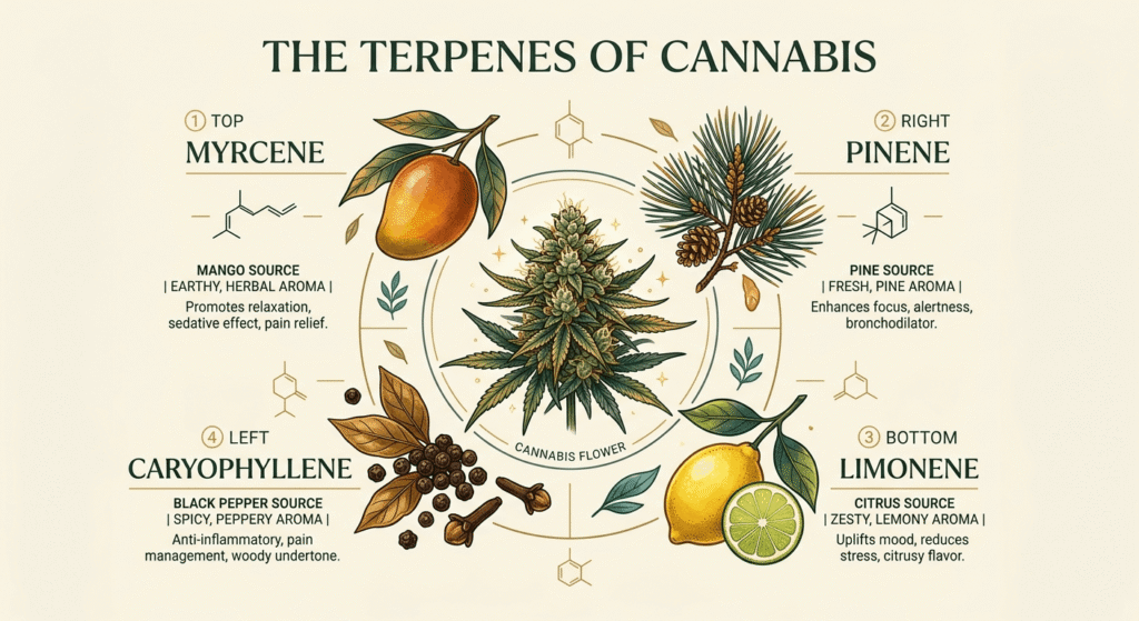 Infographic showing key cannabis terpenes myrcene pinene limonene and caryophyllene with their source plants
