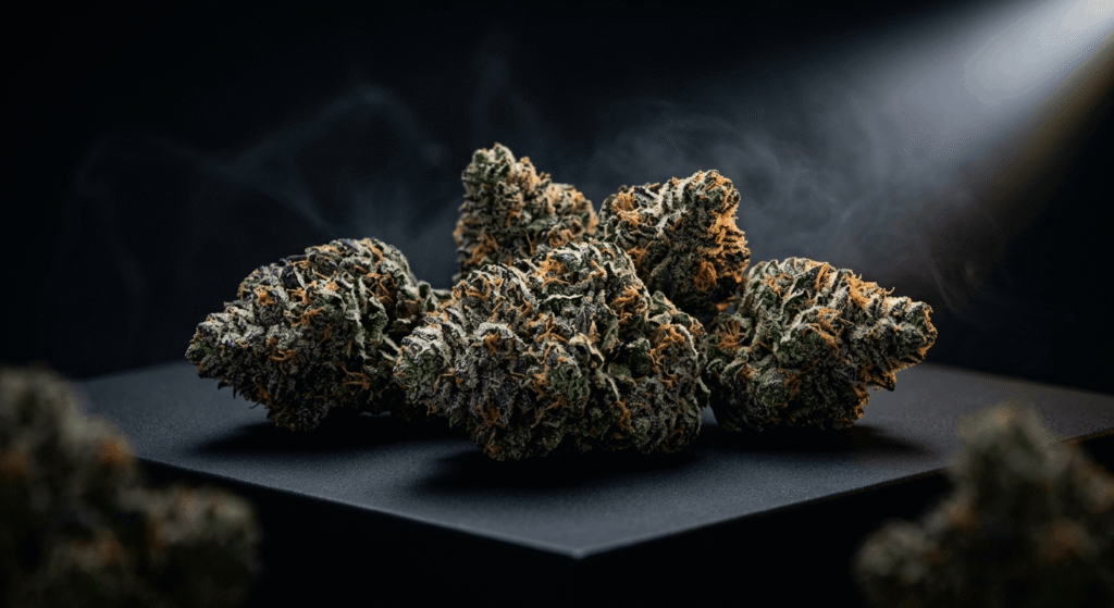 Ultra-modern macro shot of premium THCa hemp flower buds with crystalline trichomes on sleek matte black surface under dramatic spotlight