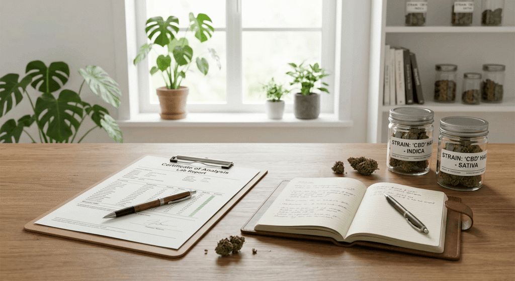 cannabis lab report COA with THCa flower jars and journal on wooden desk