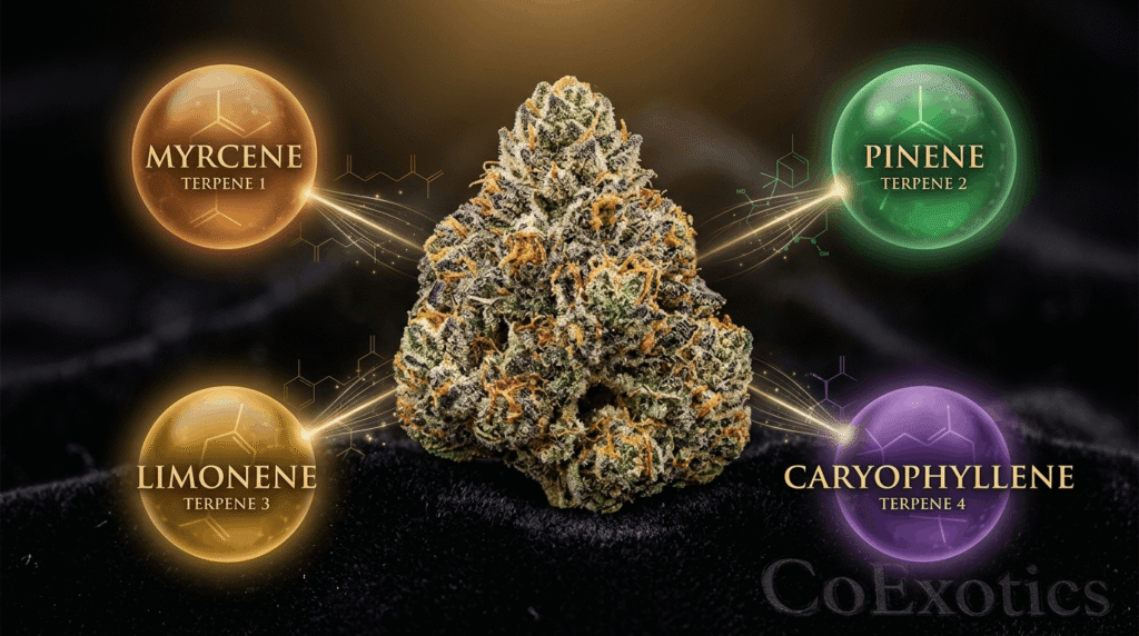 Macro THCa cannabis flower bud with glowing terpene orbs illustrating cannabinoid synergy and the entourage effect
