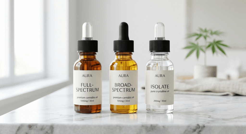 Three cannabis oil bottles showing full-spectrum broad-spectrum and isolate products on white marble