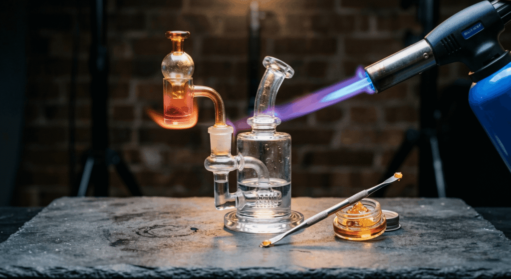 Quartz banger being heated with a butane torch before loading a THCa concentrate dab
