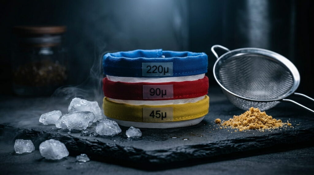  Ice water hash extraction equipment including bubble bags and micron screens on dark surface