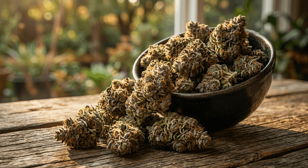 Premium THCa hemp flower buds overflowing from a dark ceramic bowl on rustic wood surface with glistening trichomes and orange pistils in warm golden hour sunlight