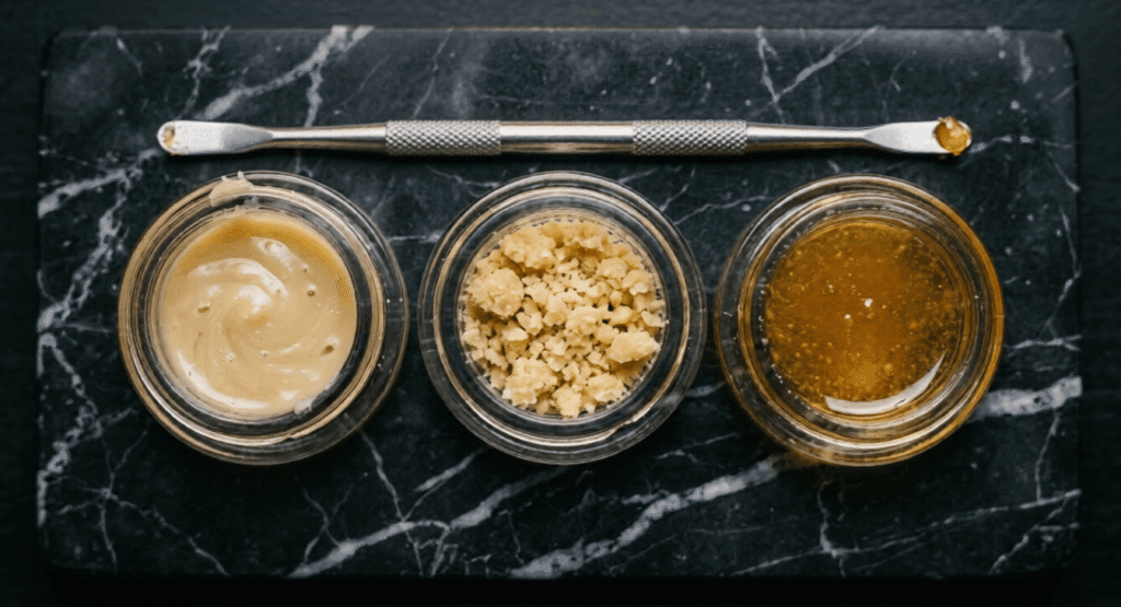 Three THCa concentrate types side by side — badder, crumble, and live resin in glass jars