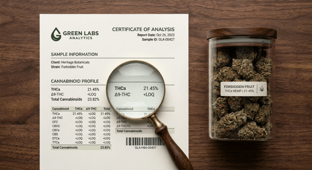 THCa hemp flower jar next to a Certificate of Analysis COA lab report document on dark wood surface