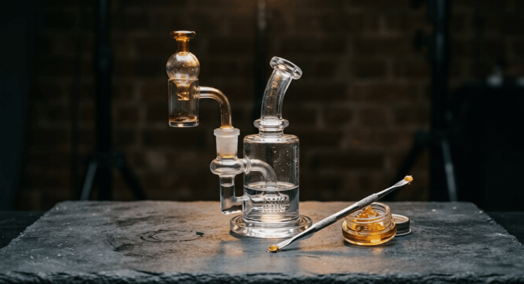 Complete dab rig setup with quartz banger, dab tool, and THCa concentrate on dark surface