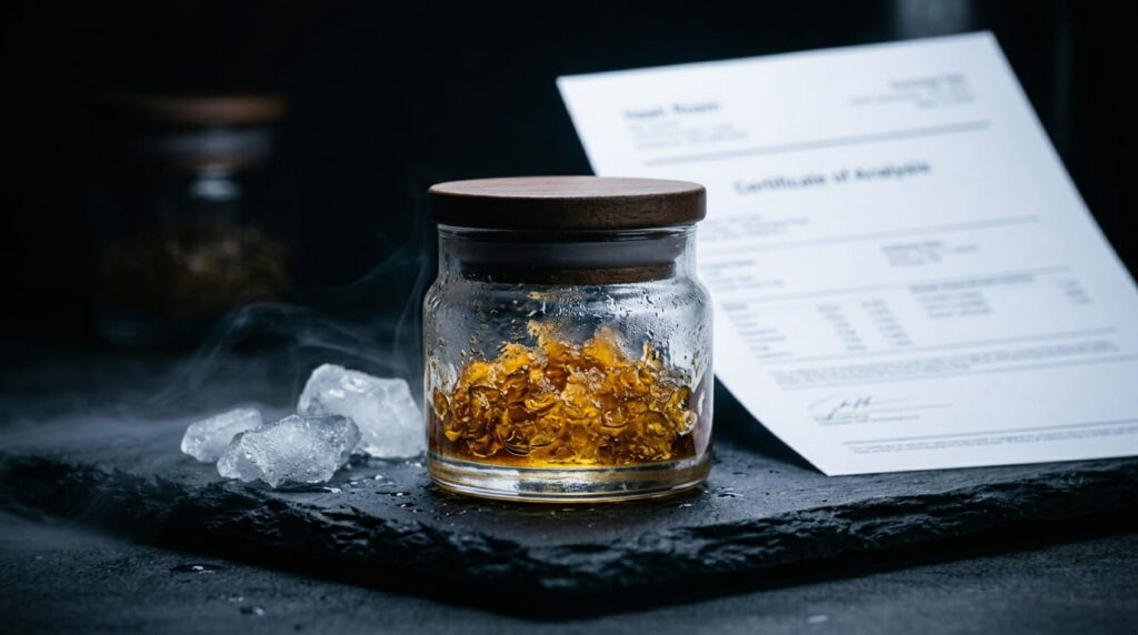  THCa hash rosin jar with Certificate of Analysis document in background showing lab compliance