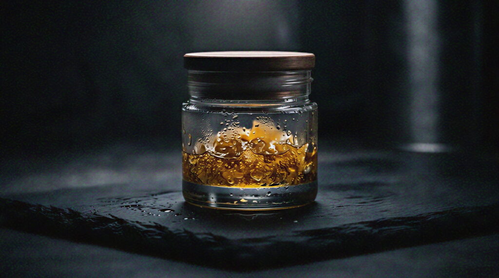 Close-up of golden THCa bubble hash and hash rosin in a glass jar on dark surface