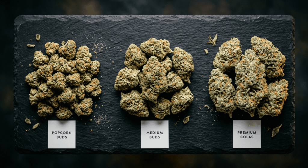 Three side-by-side piles showing budget smalls, mid-tier, and premium THCa flower buds arranged on dark slate surface