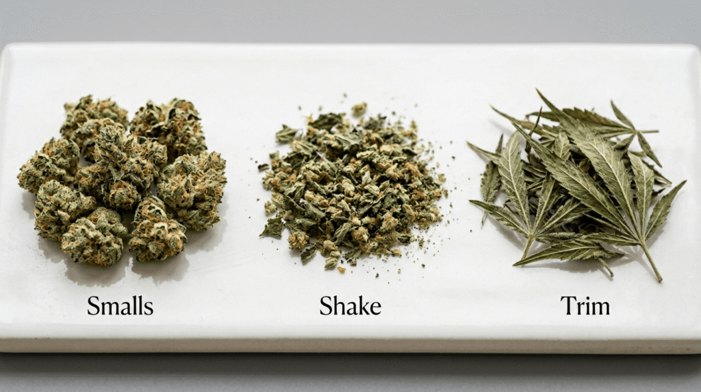Three-way comparison of THCa small buds, shake residue, and trim leaves on white surface showing quality differences in cannabis flower types