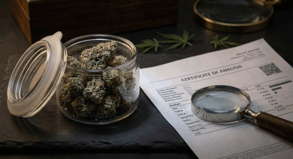 THCa hemp flower jar with COA lab results document on dark surface — CoExotics lab-tested flower