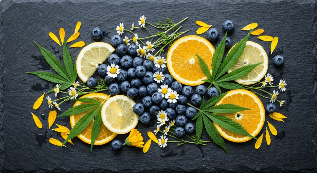 Flat lay of botanical ingredients including hemp leaves and flavonoid-rich plants like chamomile and blueberries