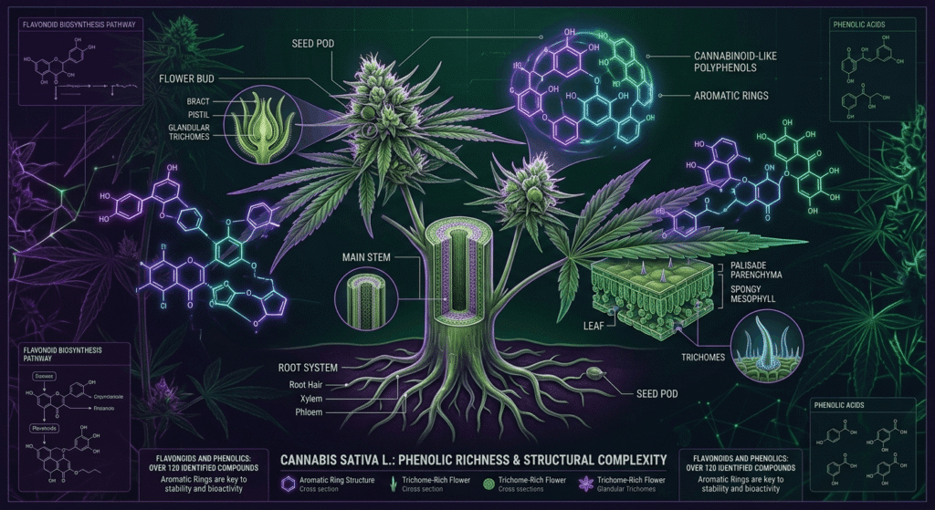 Illustrated cannabis plant with glowing flavonoid molecular structures representing polyphenolic compounds in hemp