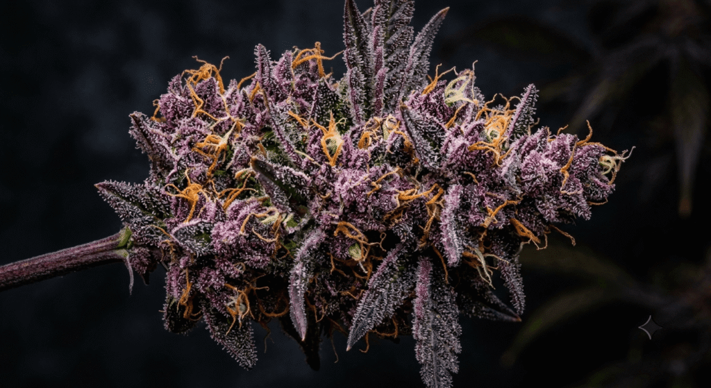 Close-up of a purple cannabis hemp flower bud rich in anthocyanins and cannabis flavonoids