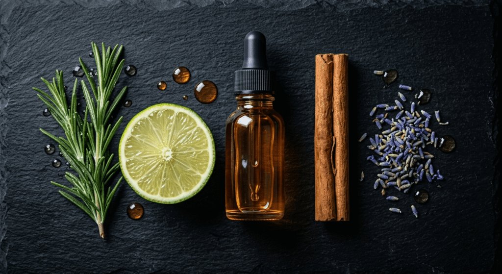 Flat lay of rosemary, lime, cinnamon, lavender, and essential oil vial on dark surface illustrating common terpene types and their plant sources
